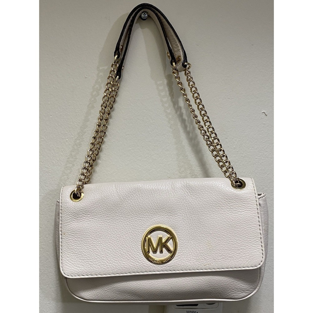 Michael Kors Fulton Chain Shoulder Bag Off-White Leather Gold Tone MK Purse